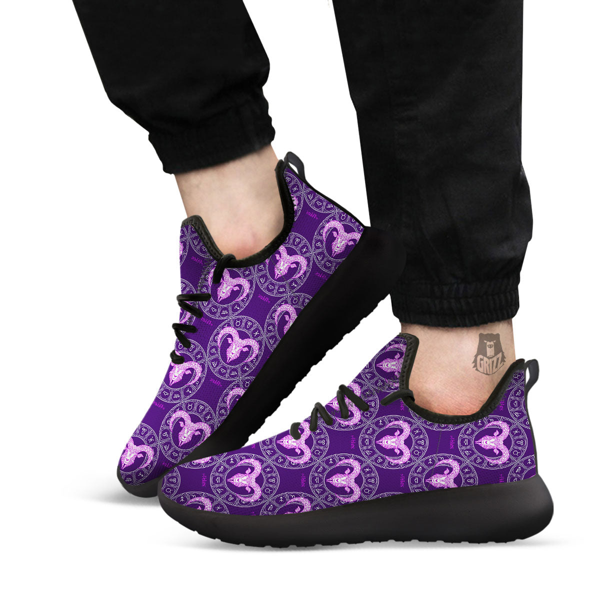 Zodiac Aries Purple Print Pattern Black Athletic Shoes-grizzshop
