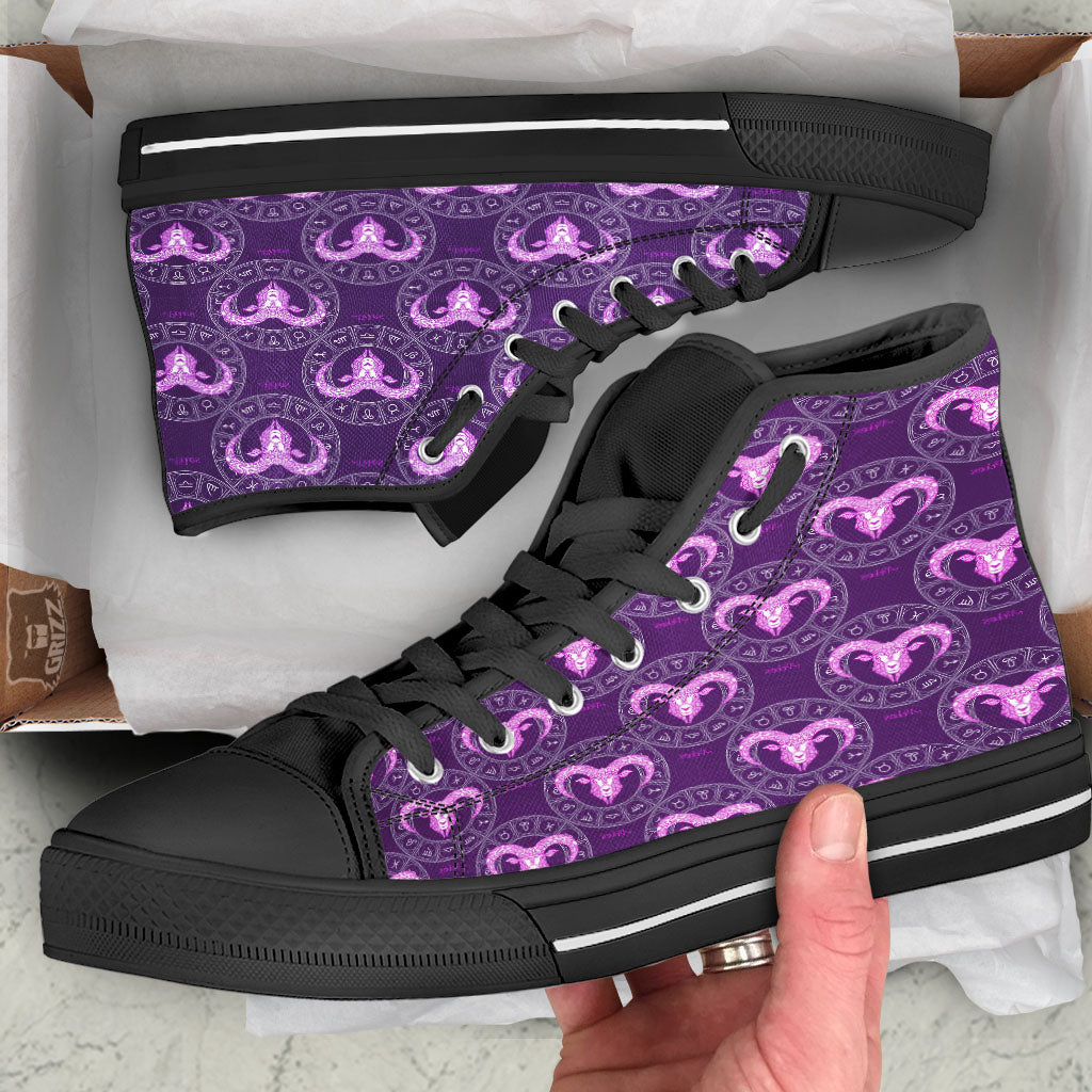 Zodiac Aries Purple Print Pattern Black High Top Shoes-grizzshop