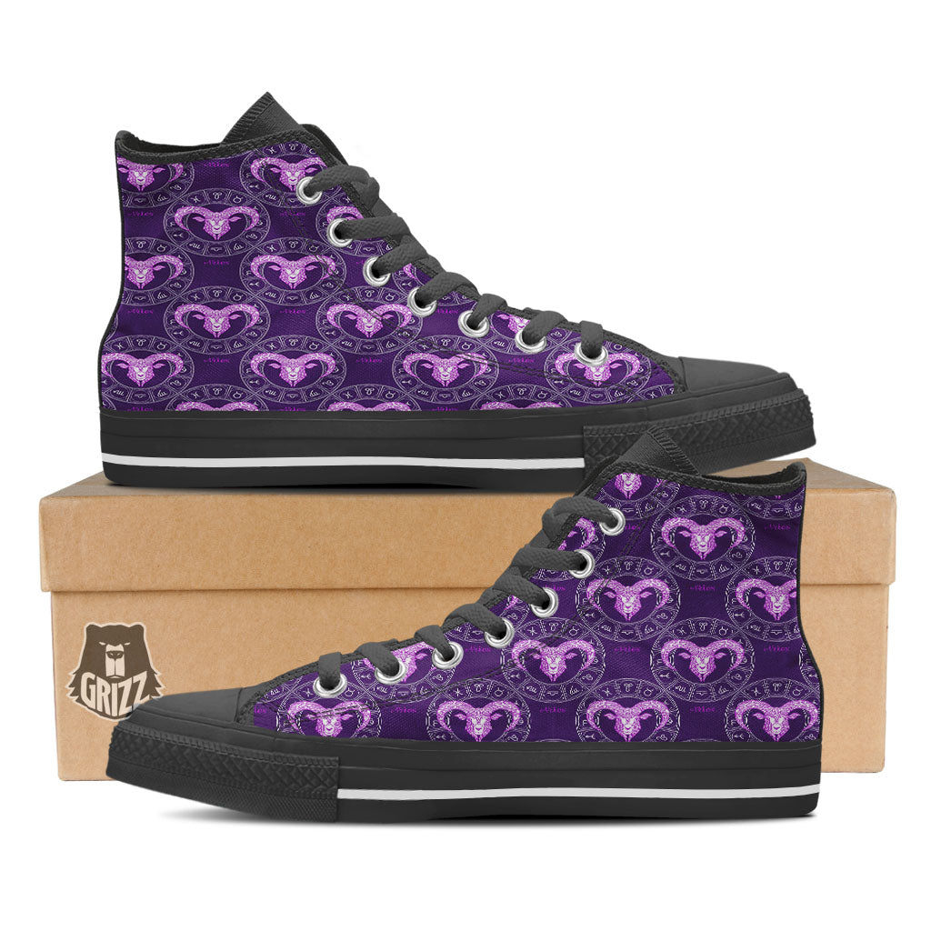 Zodiac Aries Purple Print Pattern Black High Top Shoes-grizzshop