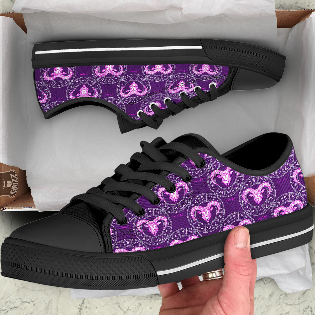 Zodiac Aries Purple Print Pattern Black Low Top Shoes-grizzshop
