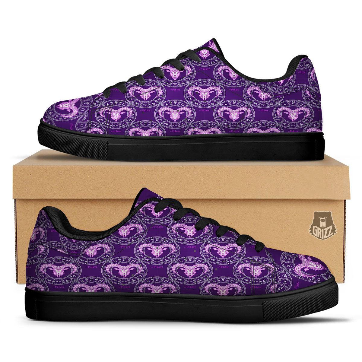 Zodiac Aries Purple Print Pattern Black Low Top Sneakers-grizzshop