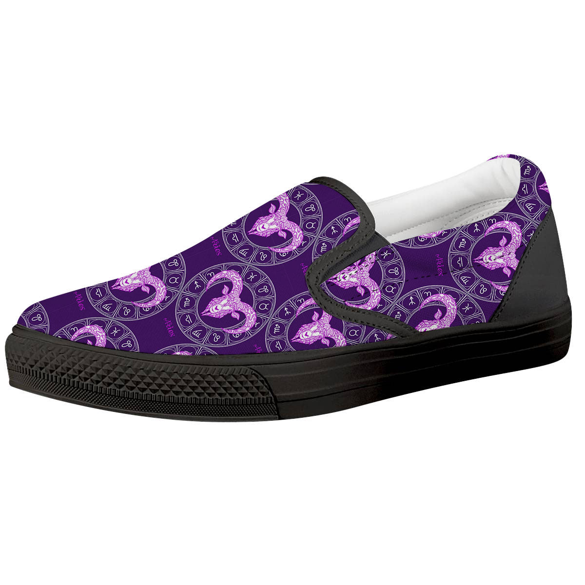 Zodiac Aries Purple Print Pattern Black Slip On Shoes-grizzshop