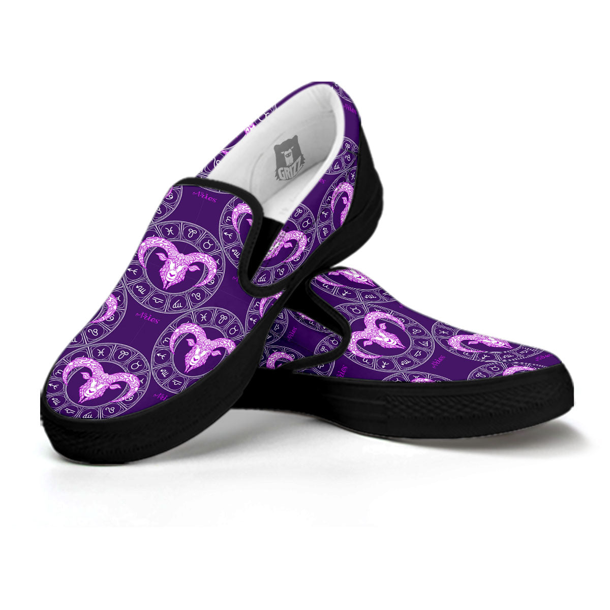 Zodiac Aries Purple Print Pattern Black Slip On Shoes-grizzshop