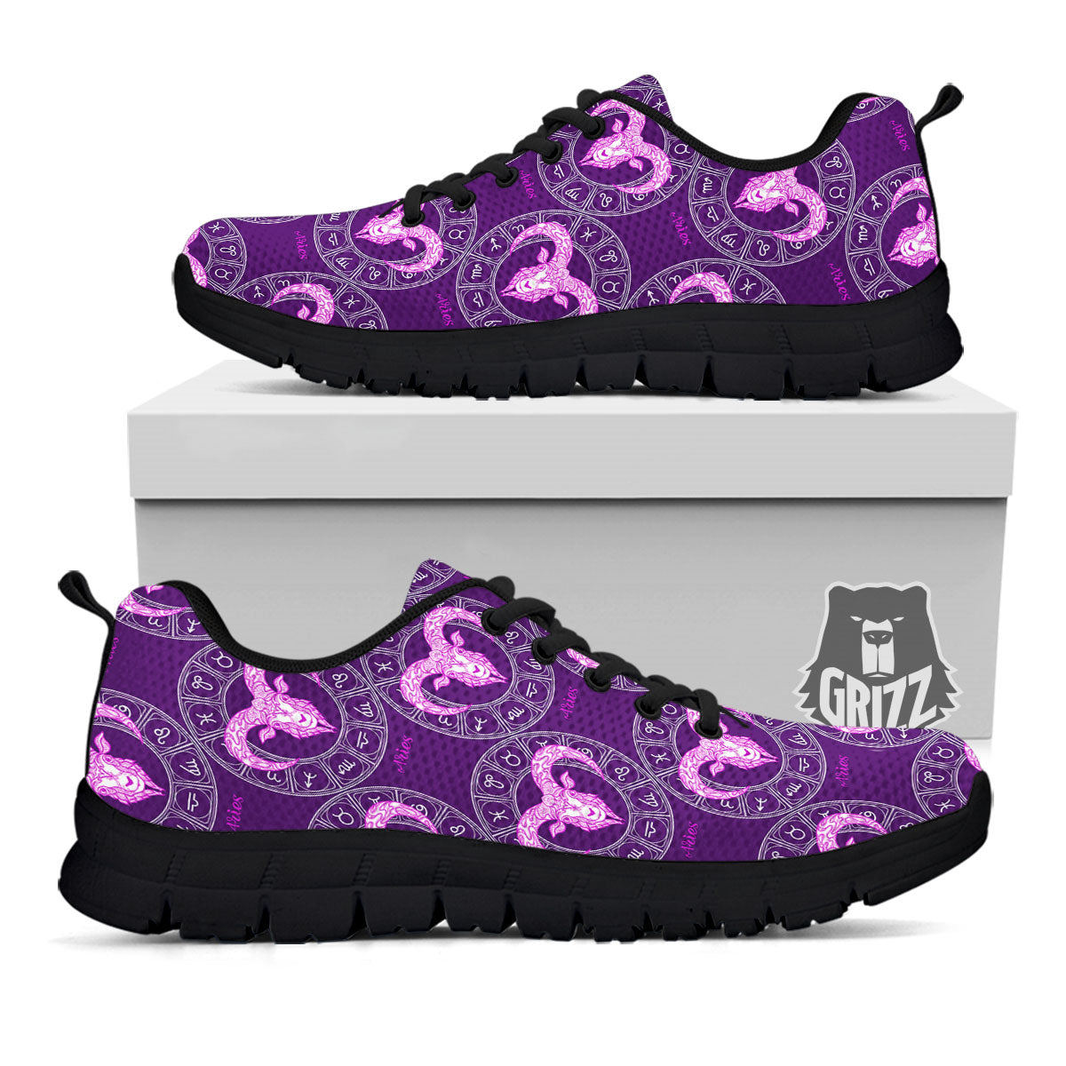 Zodiac Aries Purple Print Pattern Black Sneaker-grizzshop