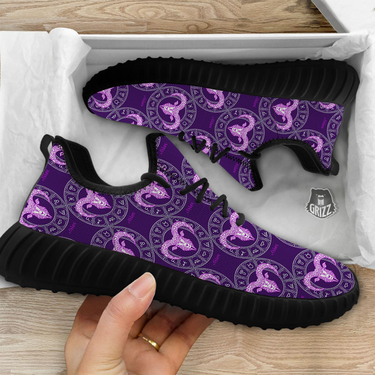 Zodiac Aries Purple Print Pattern Black Walking Shoes-grizzshop