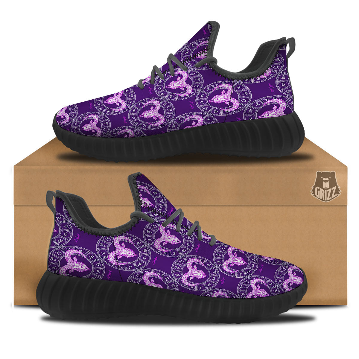 Zodiac Aries Purple Print Pattern Black Walking Shoes-grizzshop