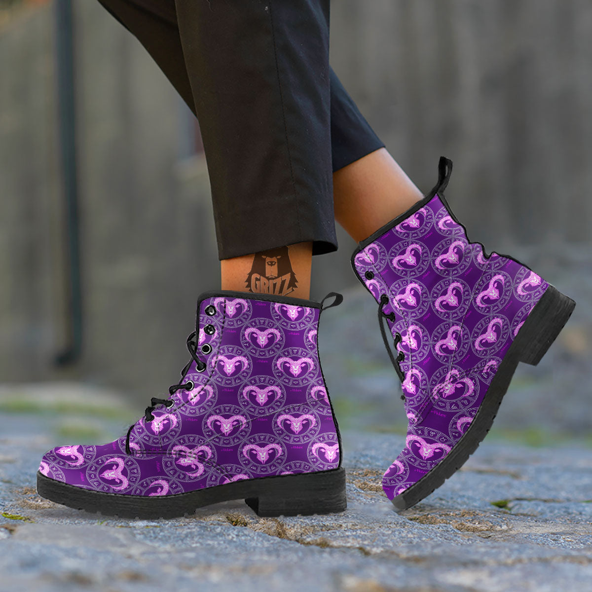 Zodiac Aries Purple Print Pattern Leather Boots-grizzshop