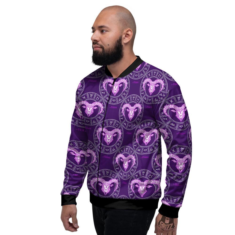 Zodiac Aries Purple Print Pattern Men's Bomber Jacket-grizzshop