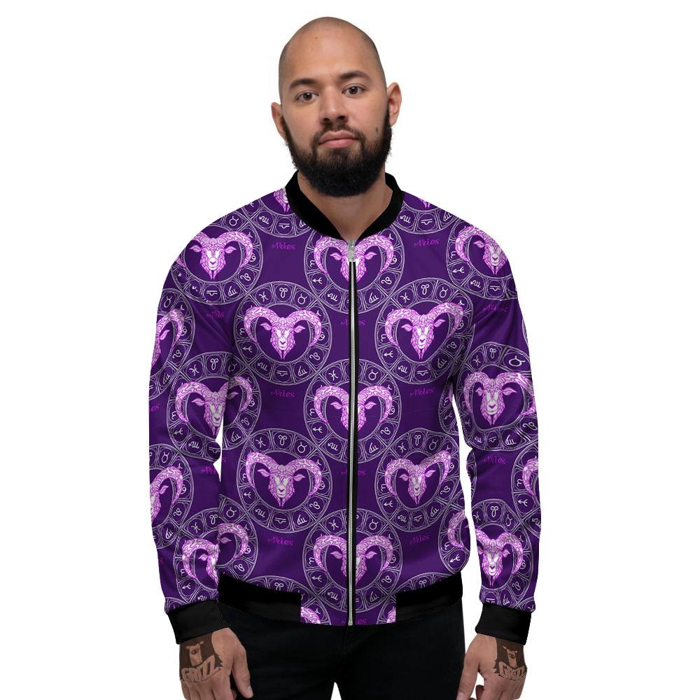 Zodiac Aries Purple Print Pattern Men's Bomber Jacket-grizzshop