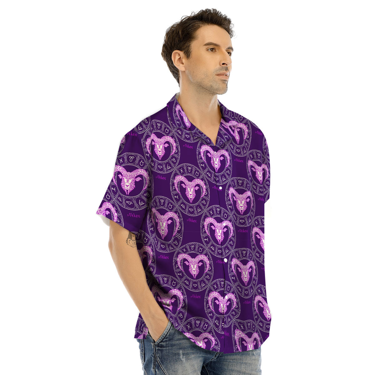 Zodiac Aries Purple Print Pattern Men's Hawaiian Shirt-grizzshop