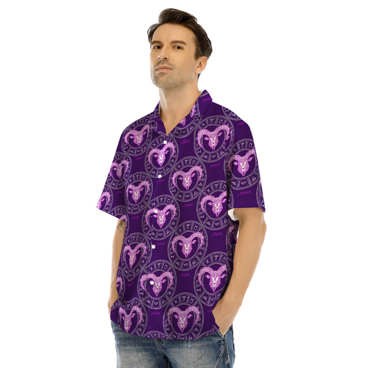 Zodiac Aries Purple Print Pattern Men's Hawaiian Shirt-grizzshop