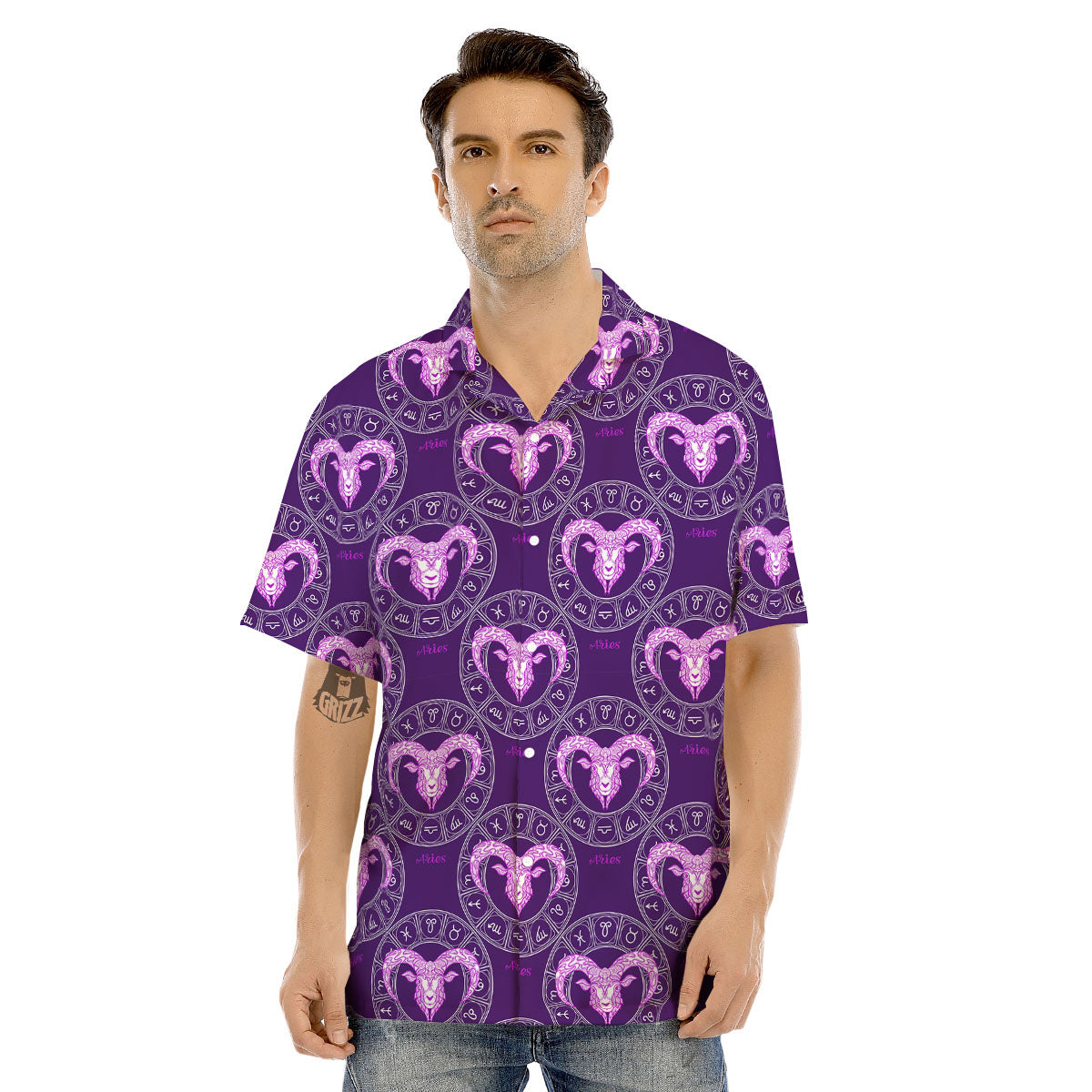 Zodiac Aries Purple Print Pattern Men's Hawaiian Shirt-grizzshop