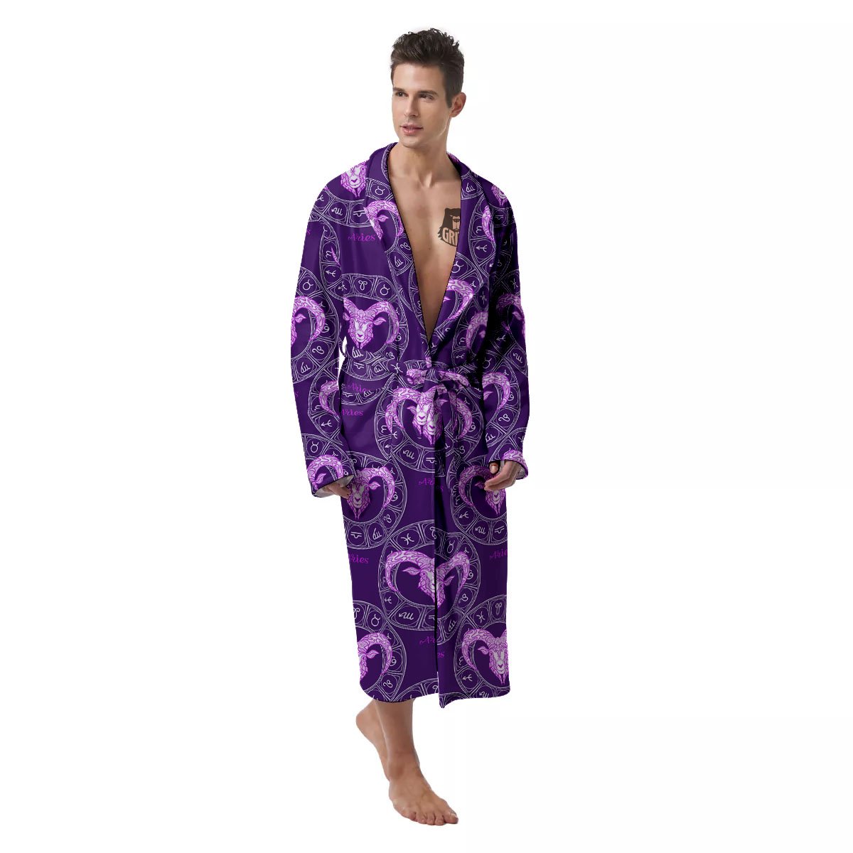 Zodiac Aries Purple Print Pattern Men's Robe-grizzshop