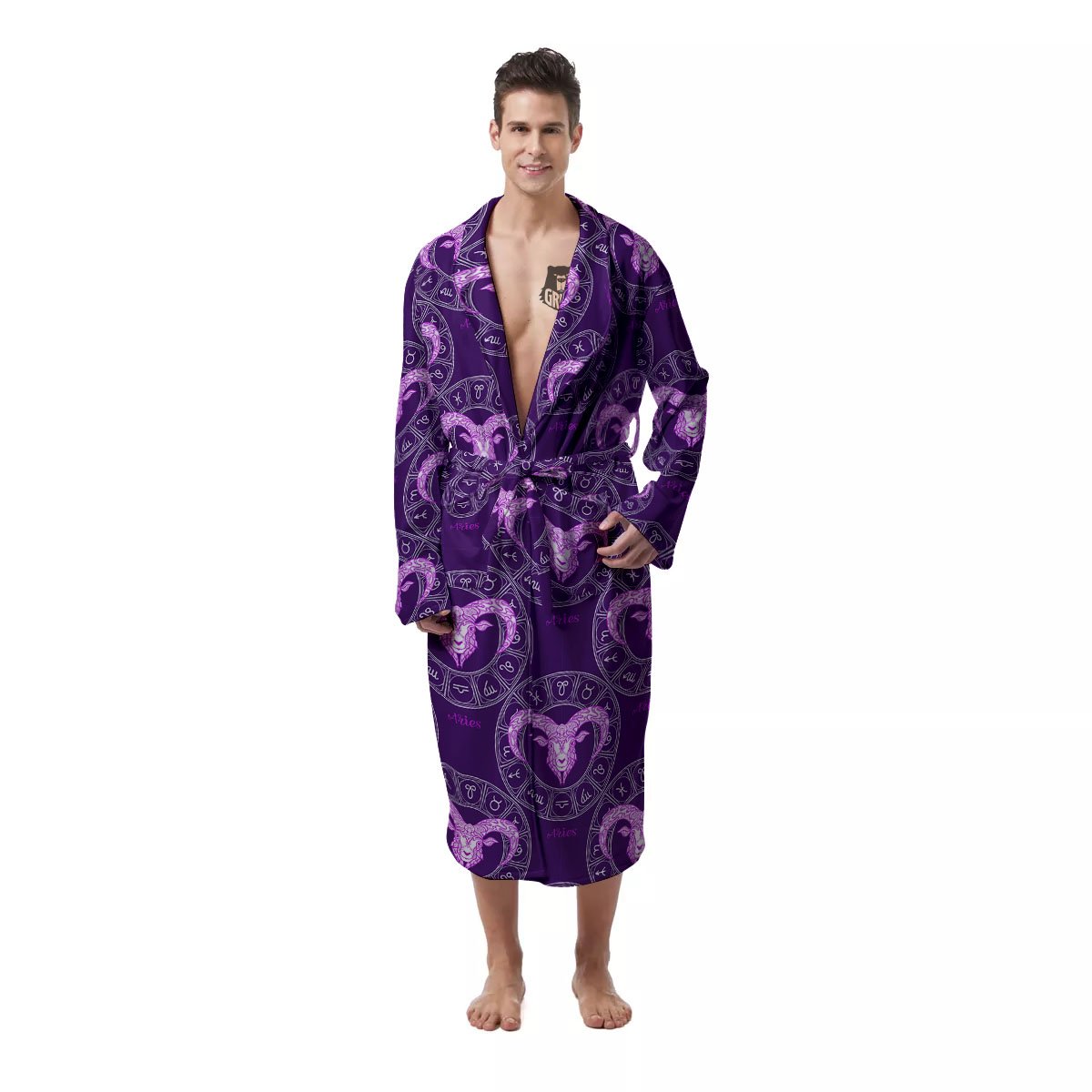 Zodiac Aries Purple Print Pattern Men's Robe-grizzshop