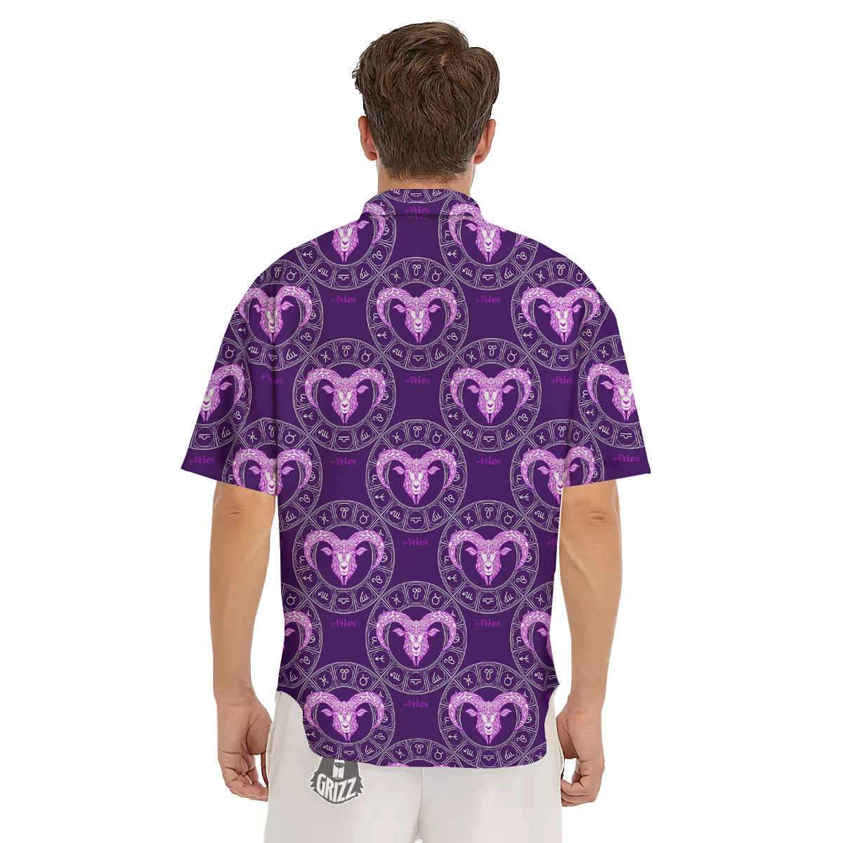 Zodiac Aries Purple Print Pattern Men's Short Sleeve Shirts-grizzshop