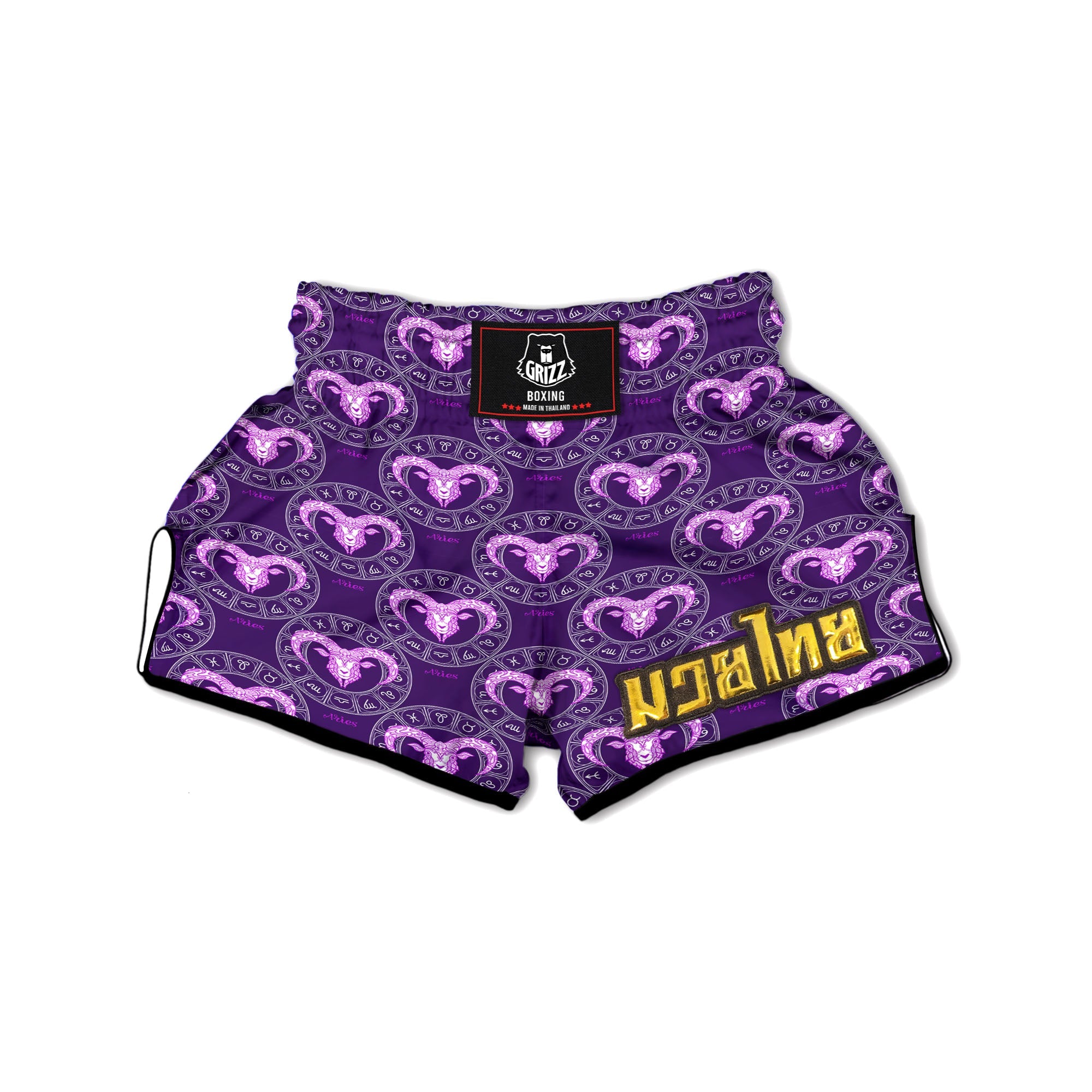 Zodiac Aries Purple Print Pattern Muay Thai Boxing Shorts-grizzshop