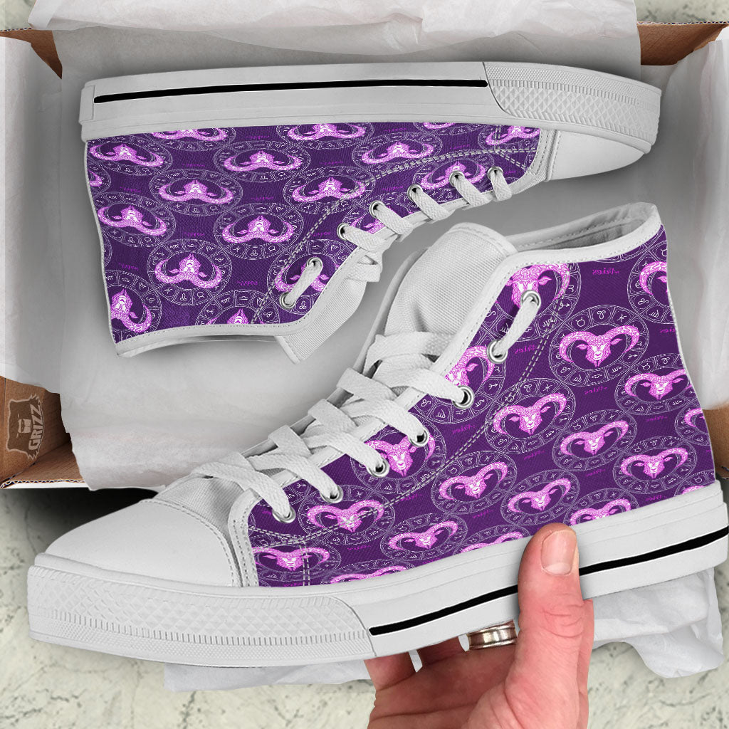 Zodiac Aries Purple Print Pattern White High Top Shoes-grizzshop