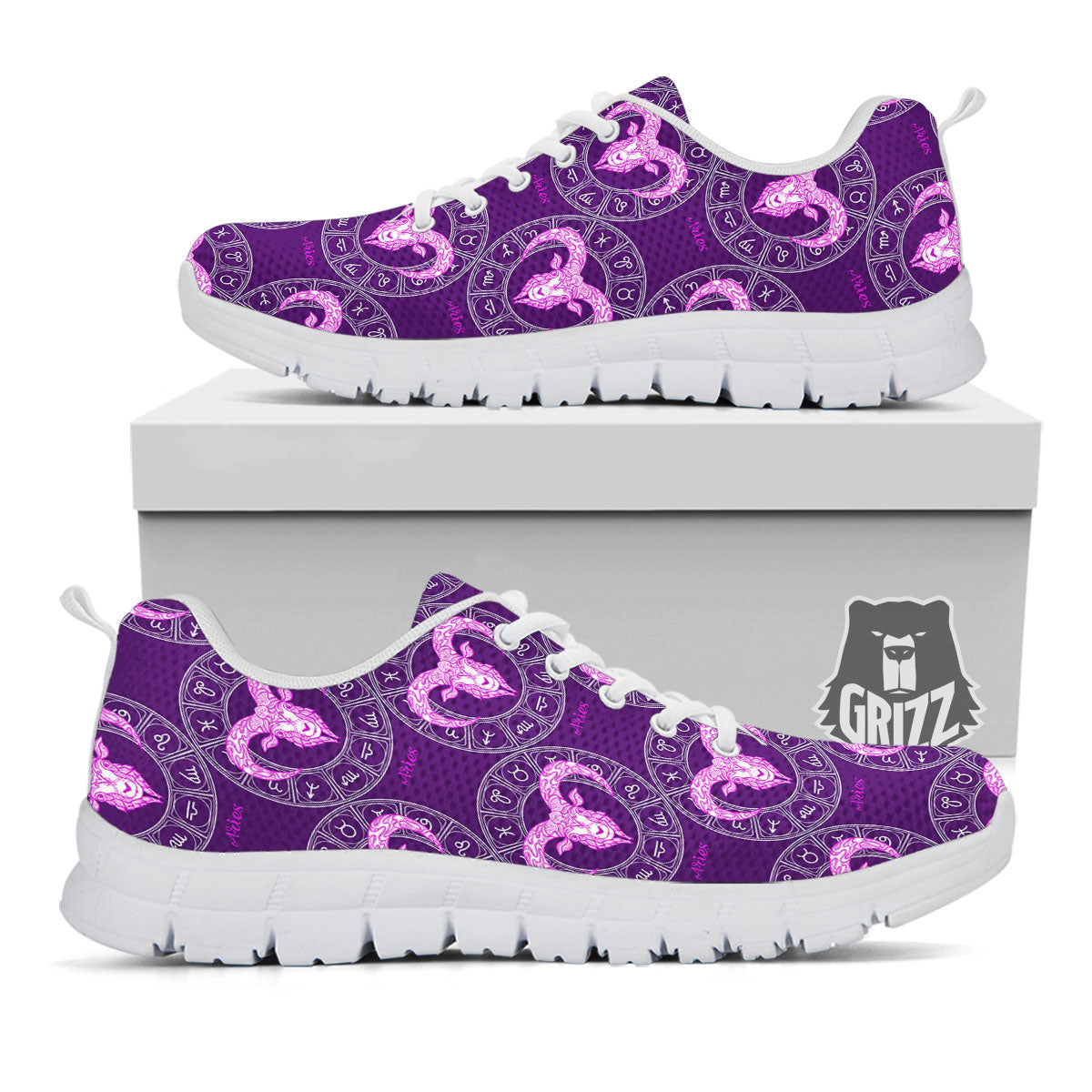 Zodiac Aries Purple Print Pattern White Sneaker-grizzshop