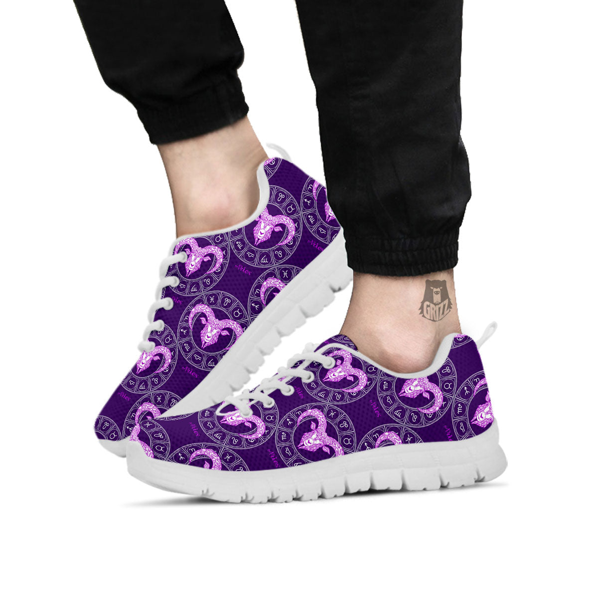 Zodiac Aries Purple Print Pattern White Sneaker-grizzshop