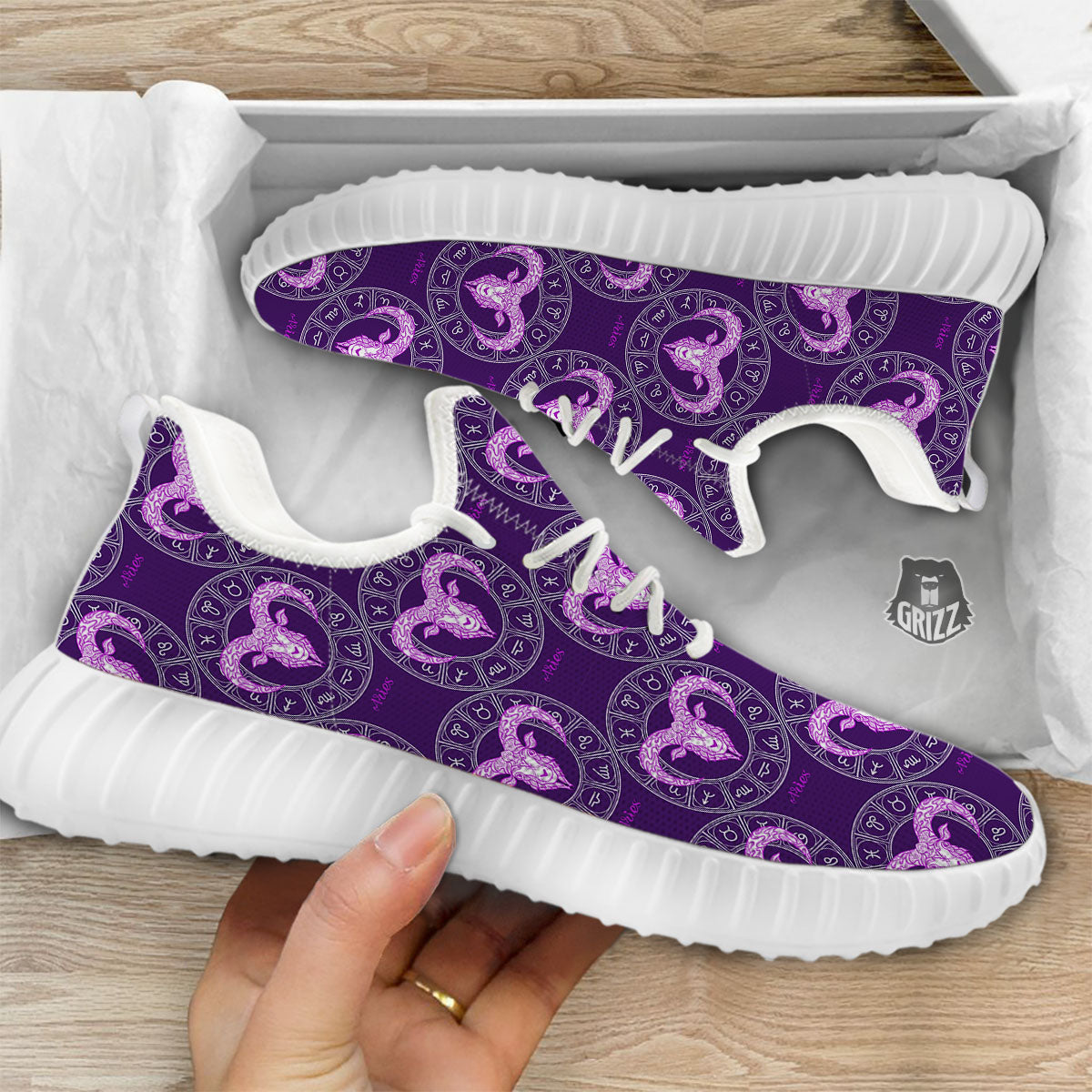 Zodiac Aries Purple Print Pattern White Walking Shoes-grizzshop