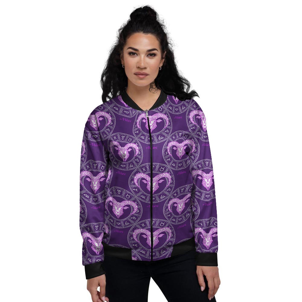 Zodiac Aries Purple Print Pattern Women's Bomber Jacket-grizzshop