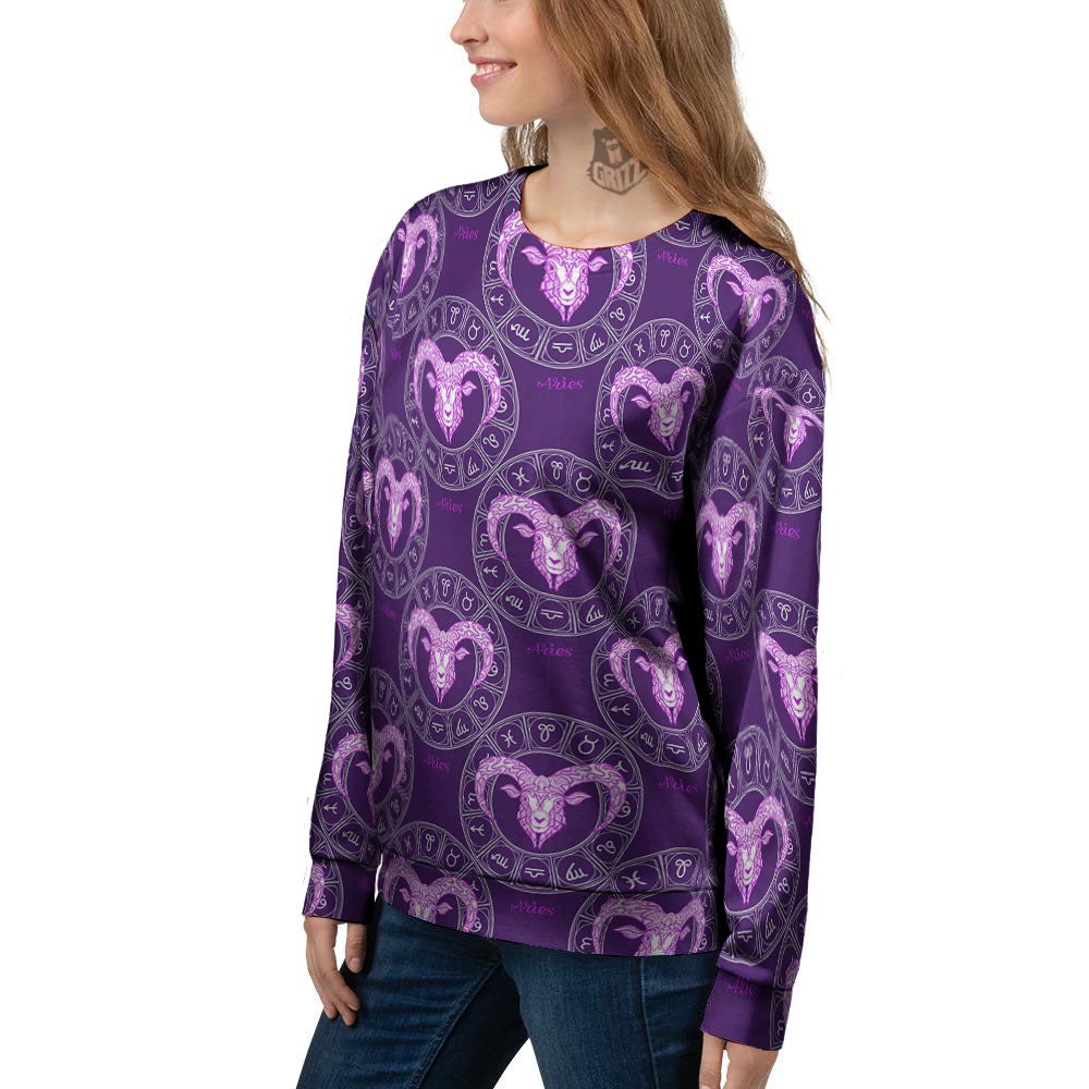 Zodiac Aries Purple Print Pattern Women's Sweatshirt-grizzshop