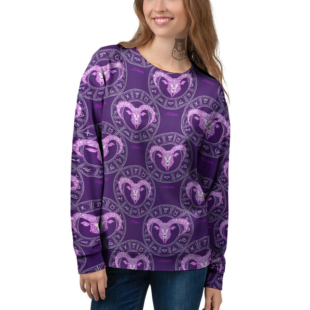 Zodiac Aries Purple Print Pattern Women's Sweatshirt-grizzshop
