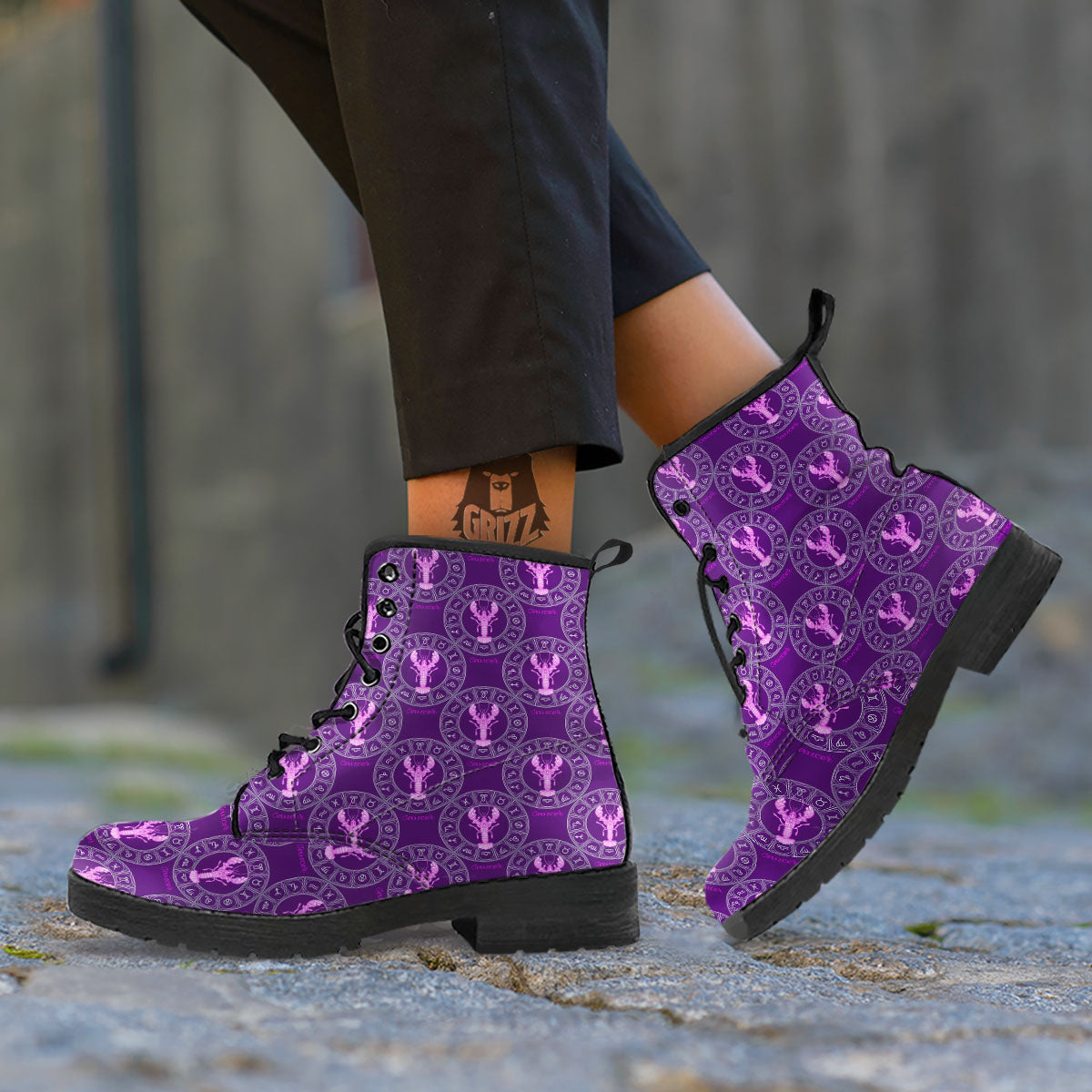 Zodiac Cancer Purple Print Pattern Leather Boots-grizzshop