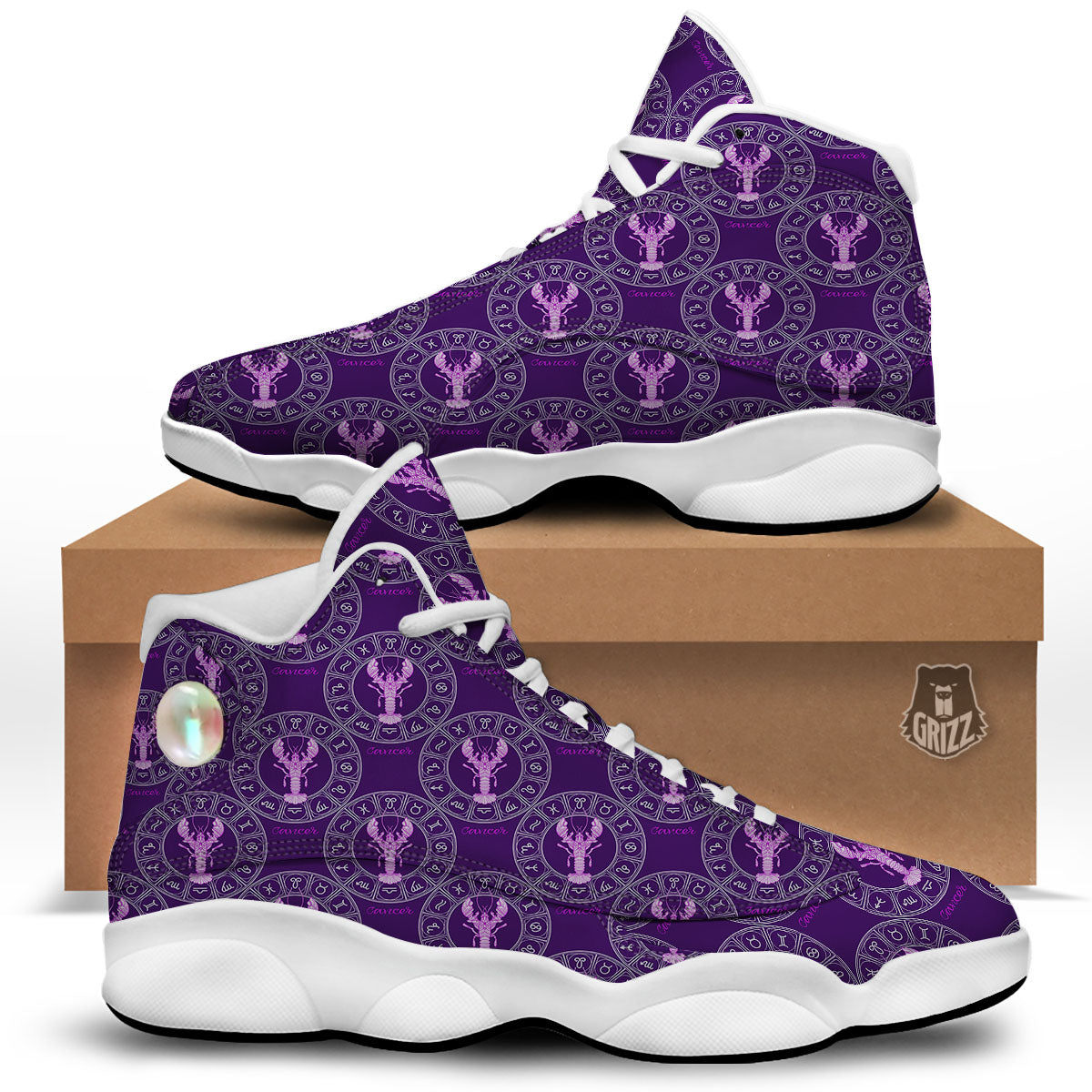 Zodiac Cancer Purple Print Pattern White Basketball Shoes-grizzshop