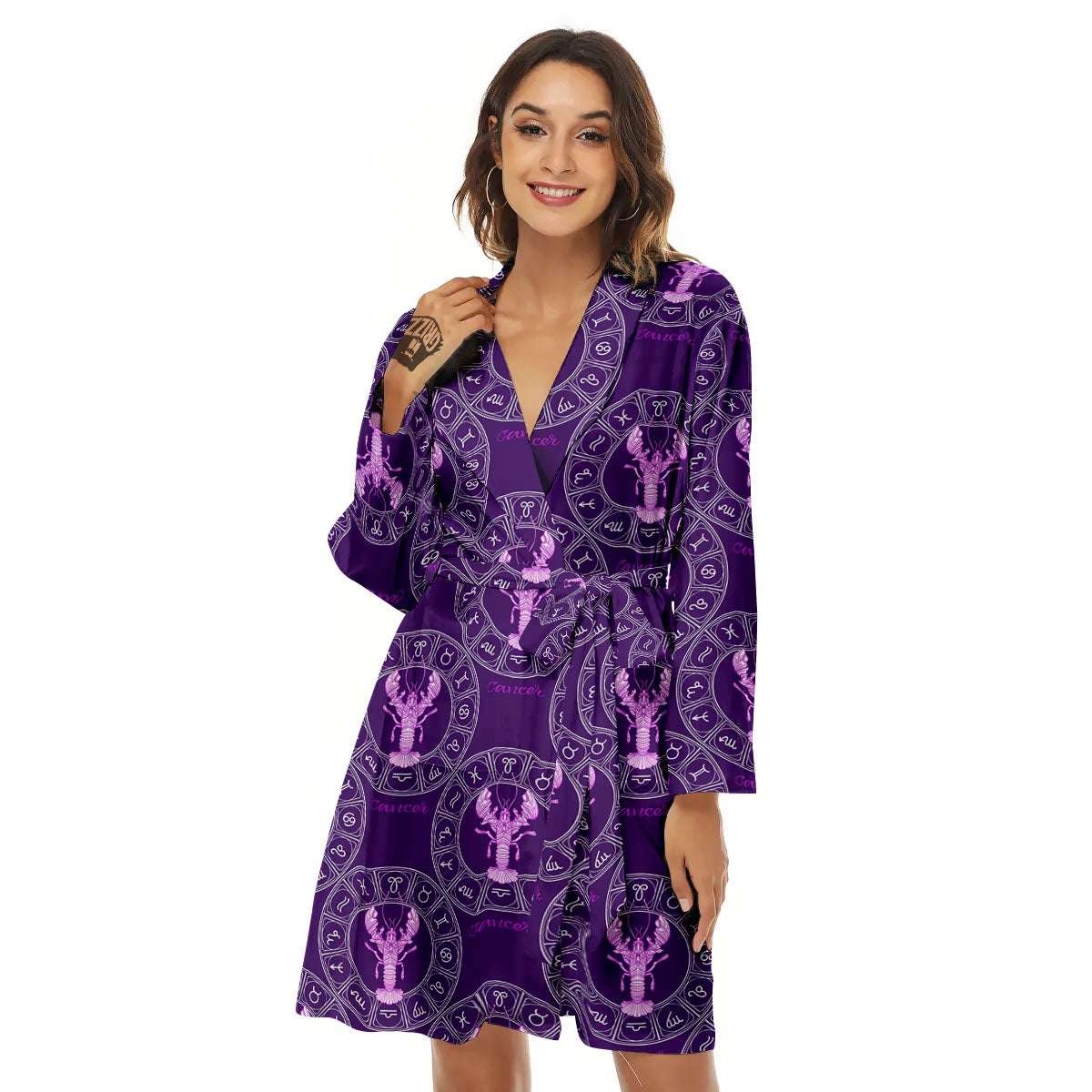 Zodiac Cancer Purple Print Pattern Women's Robe-grizzshop