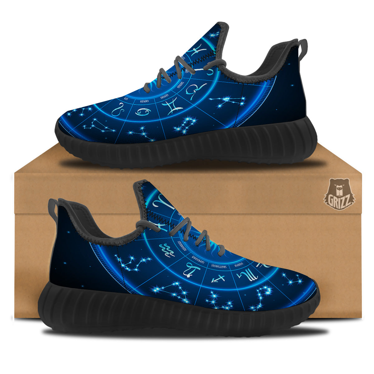 Zodiac Circle Blue Light Print Black Walking Shoes-grizzshop