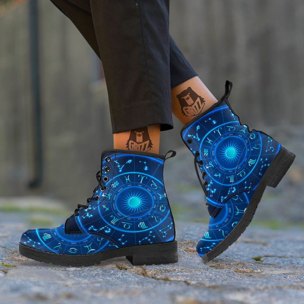 Zodiac Circle Blue Light Print Leather Boots-grizzshop