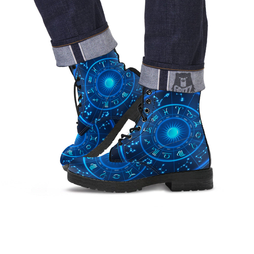 Zodiac Circle Blue Light Print Leather Boots-grizzshop