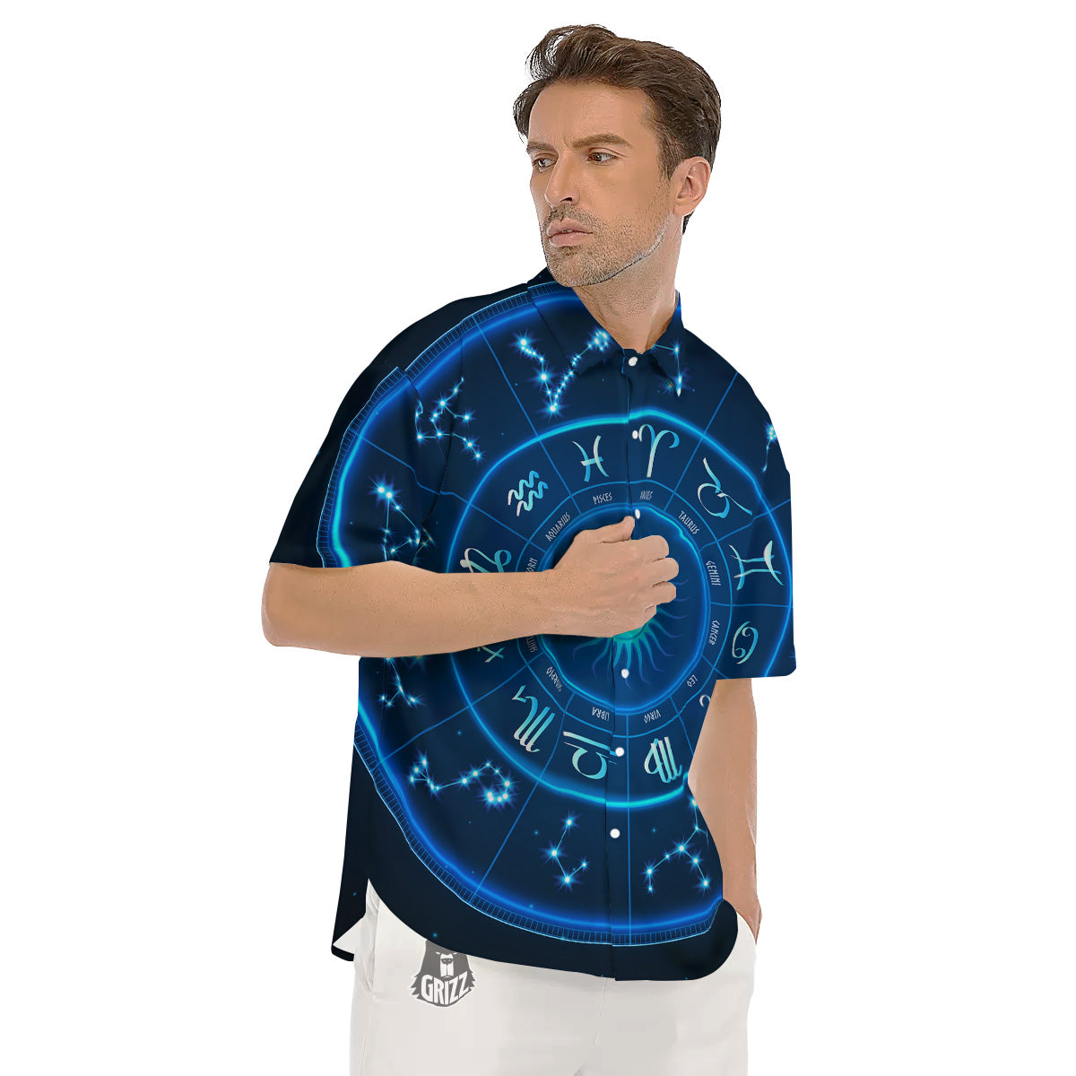 Zodiac Circle Blue Light Print Men's Short Sleeve Shirts-grizzshop