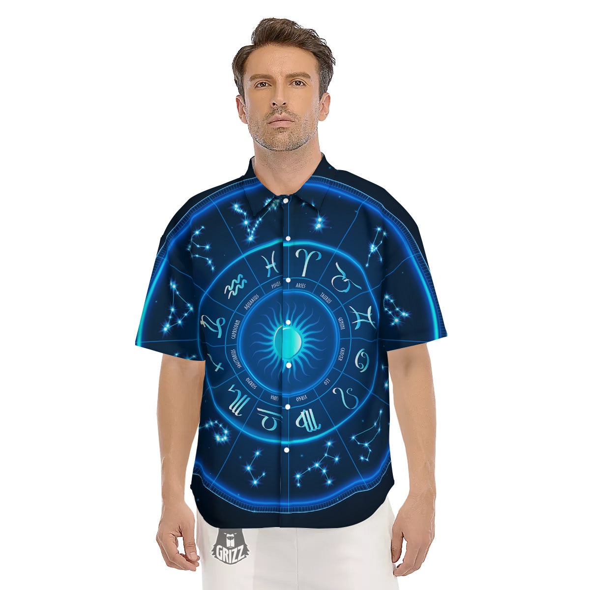 Zodiac Circle Blue Light Print Men's Short Sleeve Shirts-grizzshop