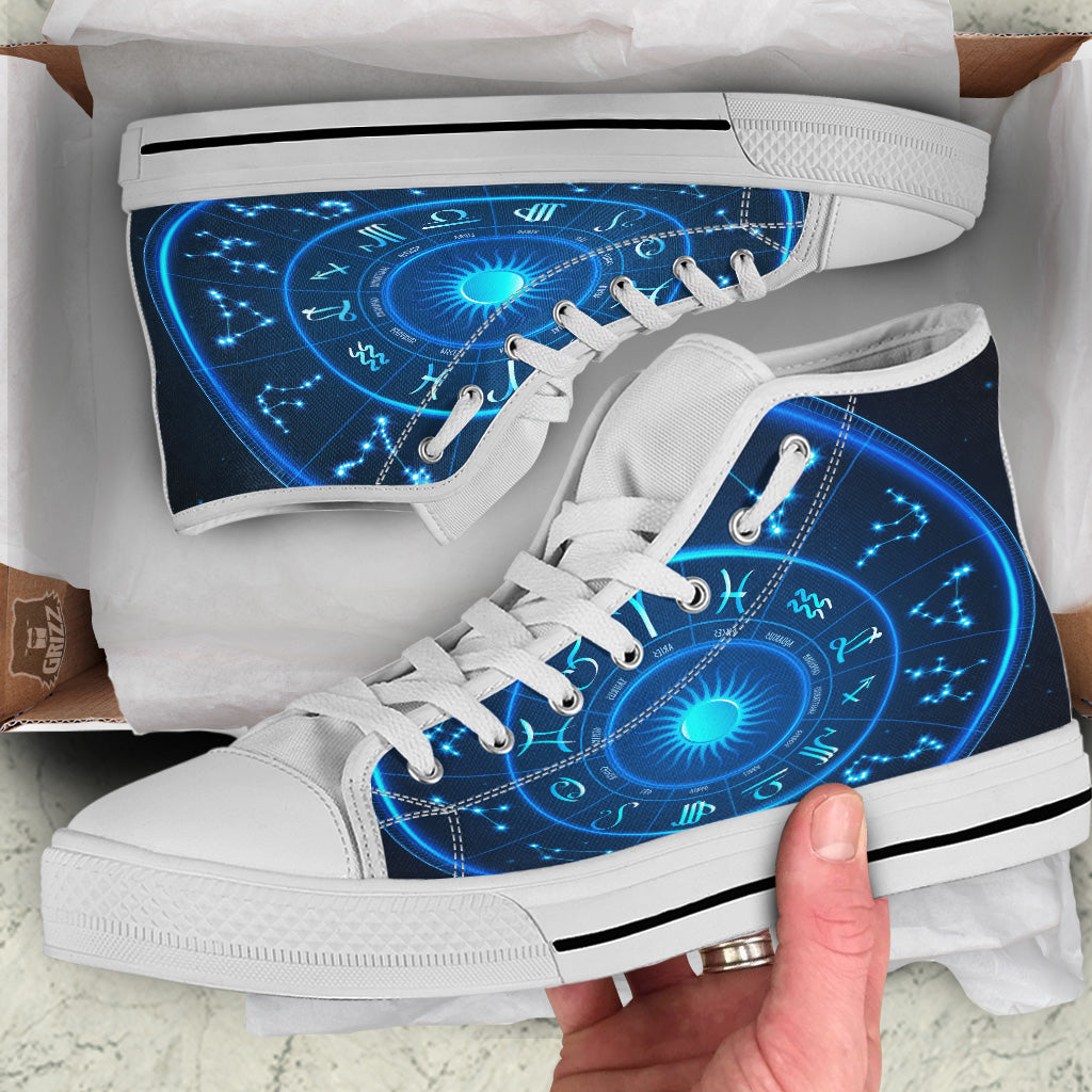 Zodiac Circle Blue Light Print White High Top Shoes-grizzshop