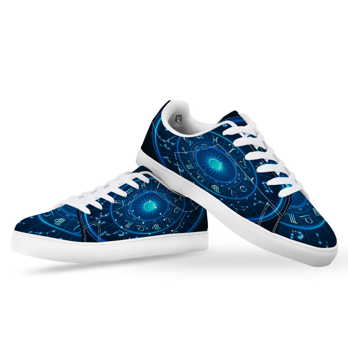 Zodiac Circle Blue Light Print White Low Top Sneakers-grizzshop
