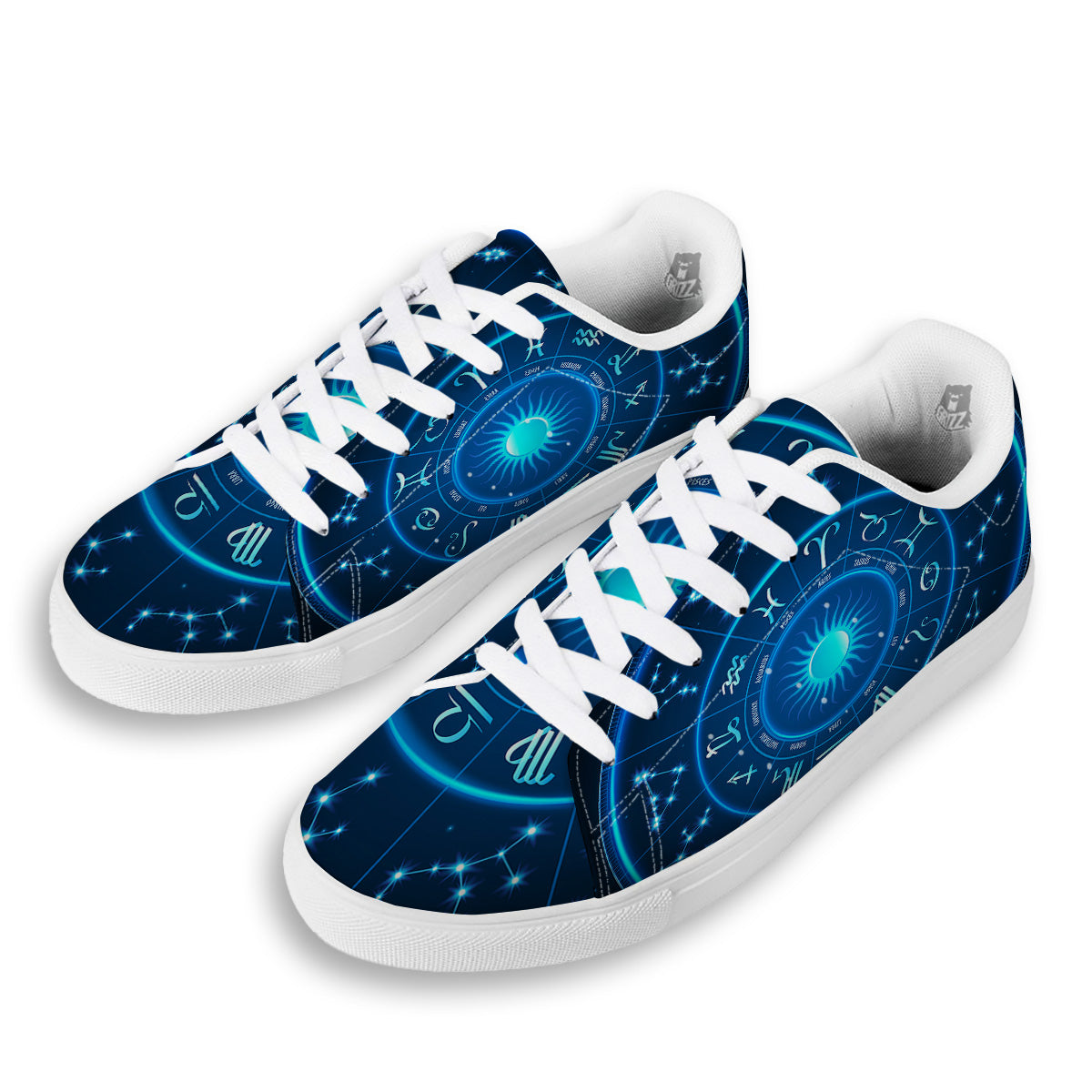 Zodiac Circle Blue Light Print White Low Top Sneakers-grizzshop
