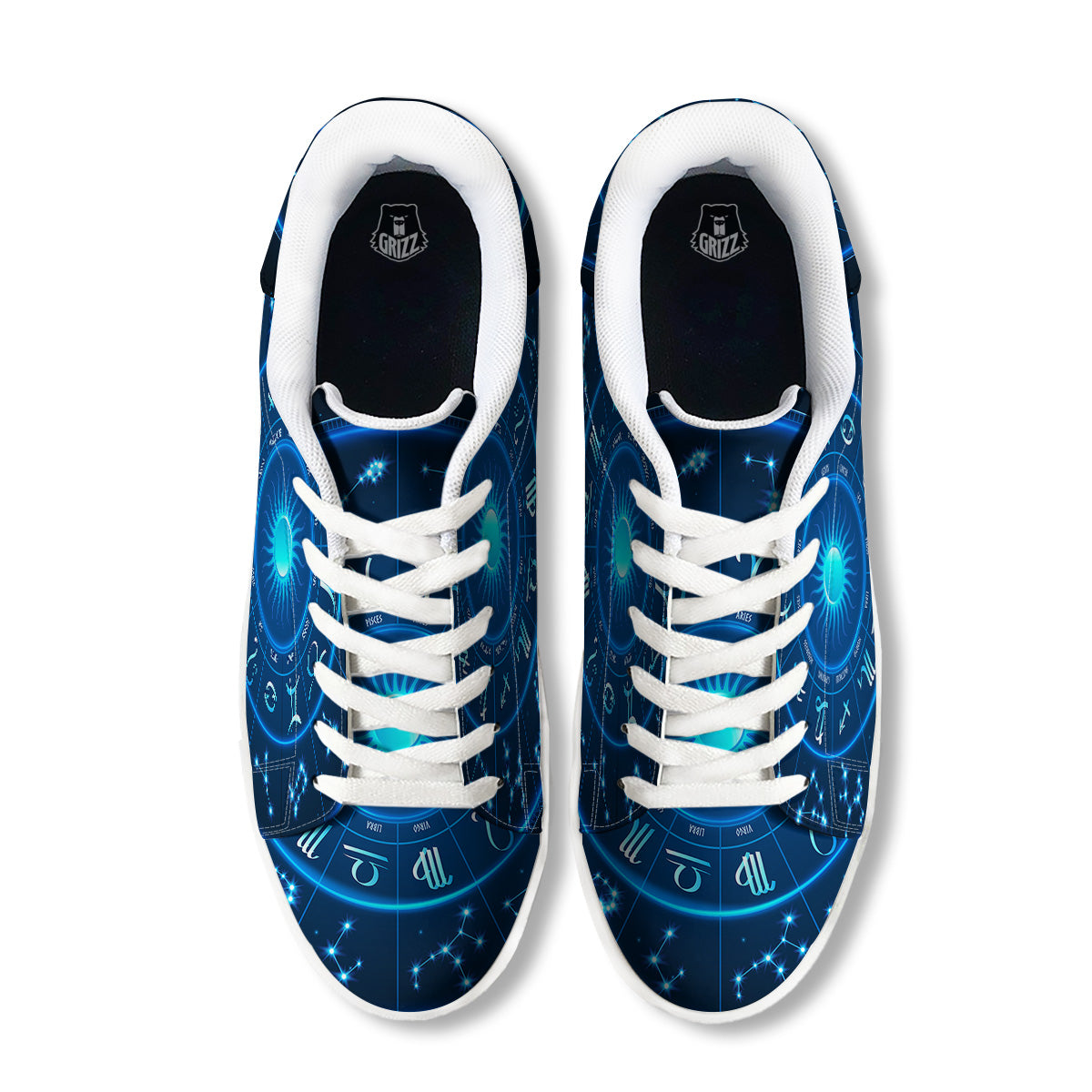 Zodiac Circle Blue Light Print White Low Top Sneakers-grizzshop