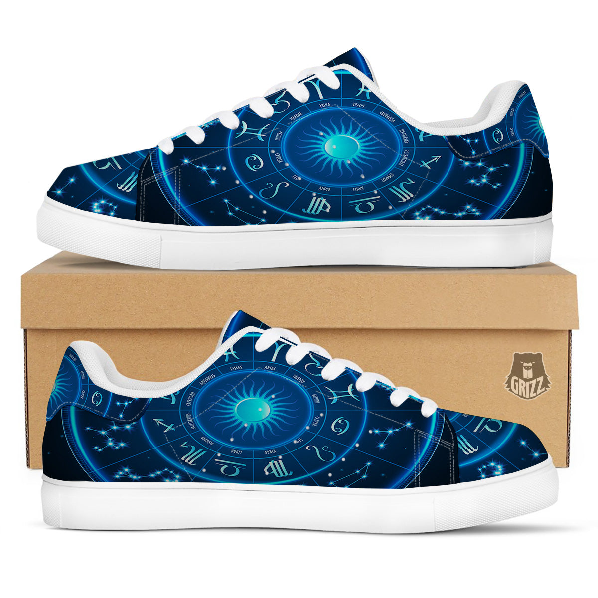 Zodiac Circle Blue Light Print White Low Top Sneakers-grizzshop
