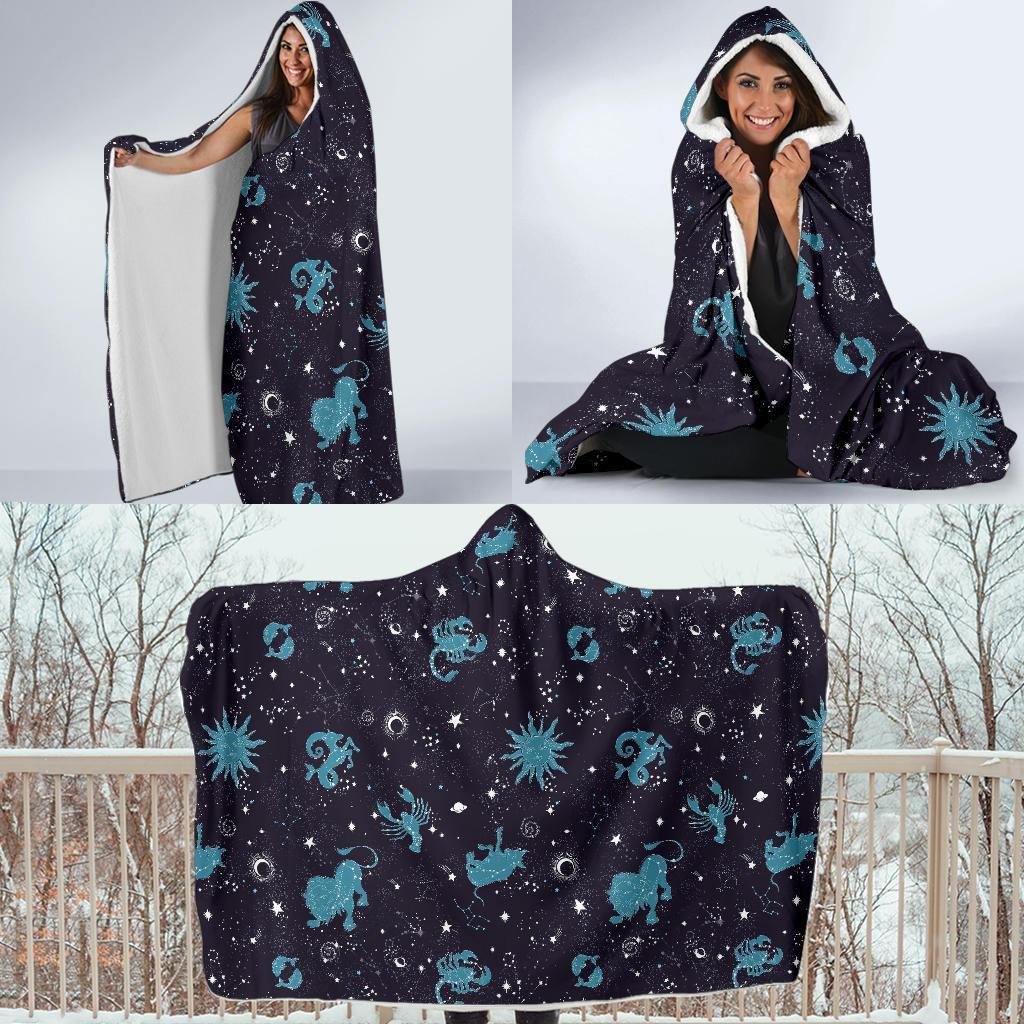 Zodiac Constellation Pattern Print Hooded Blanket-grizzshop