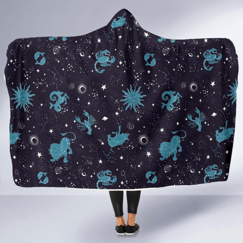 Zodiac Constellation Pattern Print Hooded Blanket-grizzshop