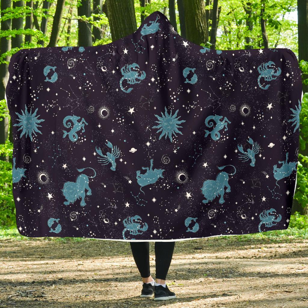 Zodiac Constellation Pattern Print Hooded Blanket-grizzshop