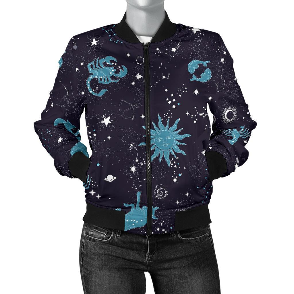 Zodiac Constellation Pattern Print Women Casual Bomber Jacket-grizzshop