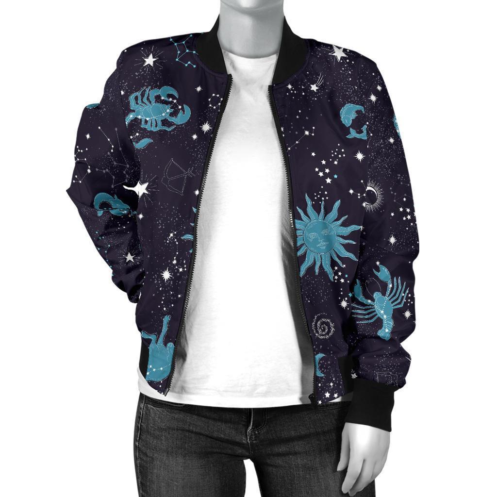 Zodiac Constellation Pattern Print Women Casual Bomber Jacket-grizzshop