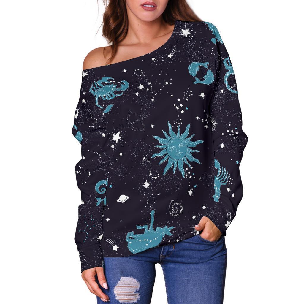 Zodiac Constellation Pattern Print Women Off Shoulder Sweatshirt-grizzshop