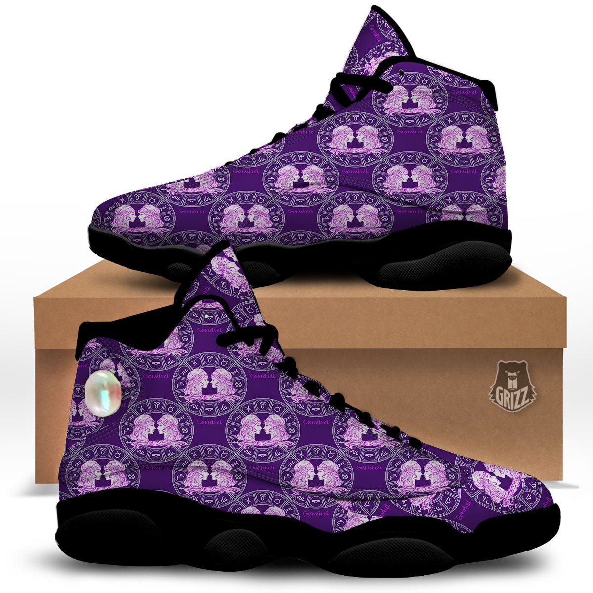 Zodiac Gemini Purple Print Pattern Black Basketball Shoes-grizzshop