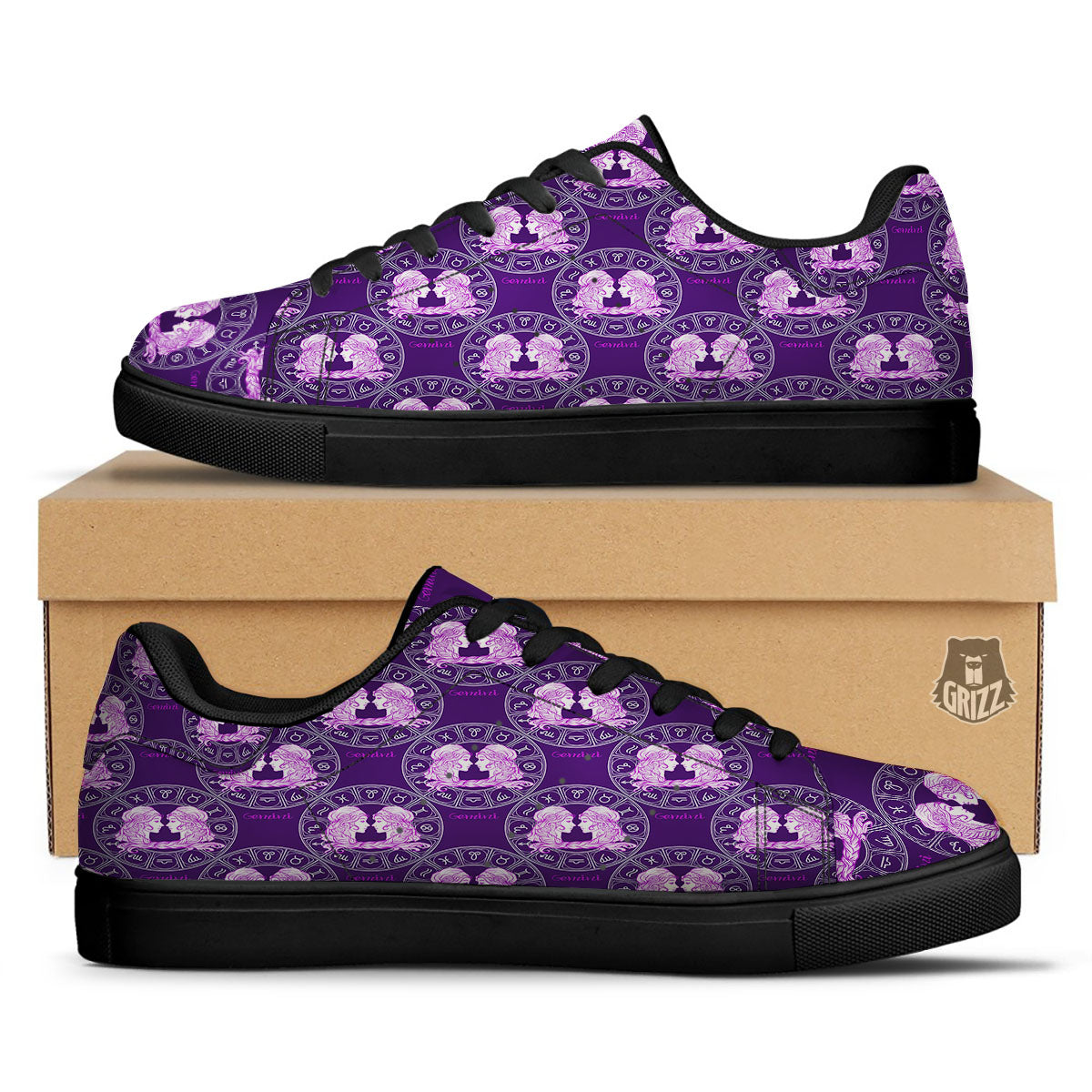 Zodiac Gemini Purple Print Pattern Black Low Top Sneakers-grizzshop