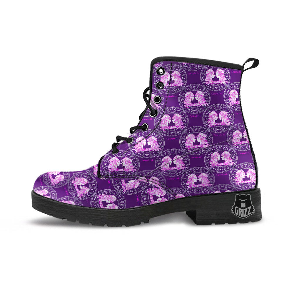 Zodiac Gemini Purple Print Pattern Leather Boots-grizzshop