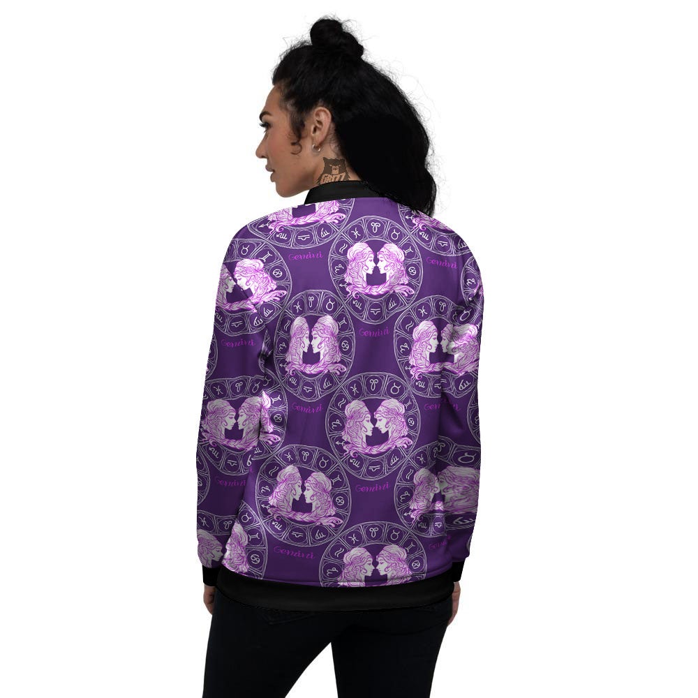 Zodiac Gemini Purple Print Pattern Women's Bomber Jacket-grizzshop